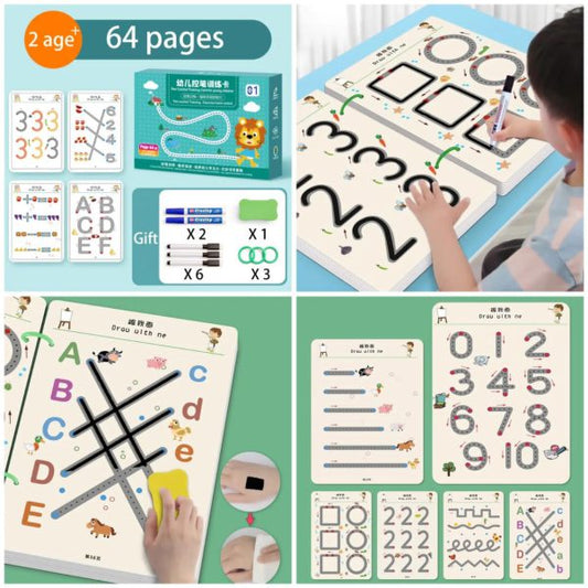 Kids Educational Learning Tracing Book (64 Pages, A4 Size) | Two Markers & Dusters Attached